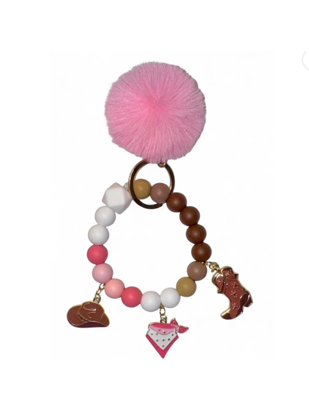 Pink Pom Bead Keyring Bracelet with Charms - Picture 2 of 3